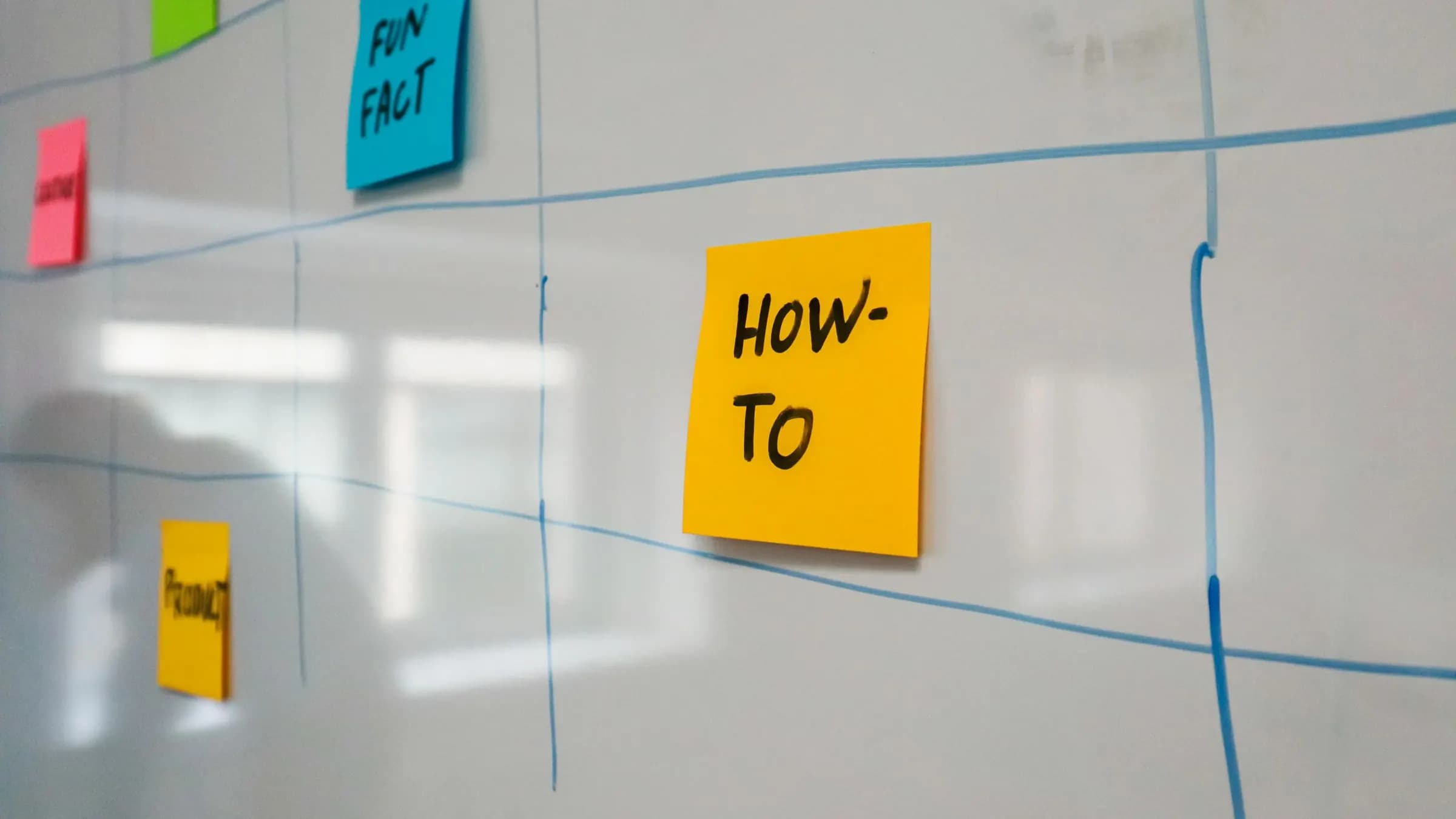 Sticky notes placed in a grid drawn on a whiteboard during project planning.